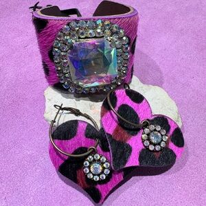 Pink and Black Animal Print Bracelet and Earrings Set